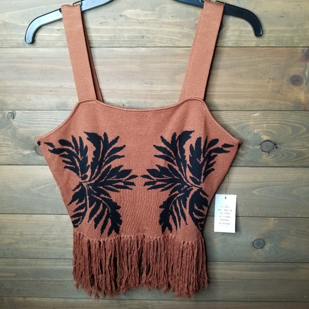 Eloquui Fringed Knitted Sweater Tank Halter Top Rust Black Gypsy Bogo Sz M Nwt